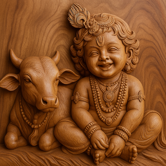 Wood Carving of Baby Krishna with Cow