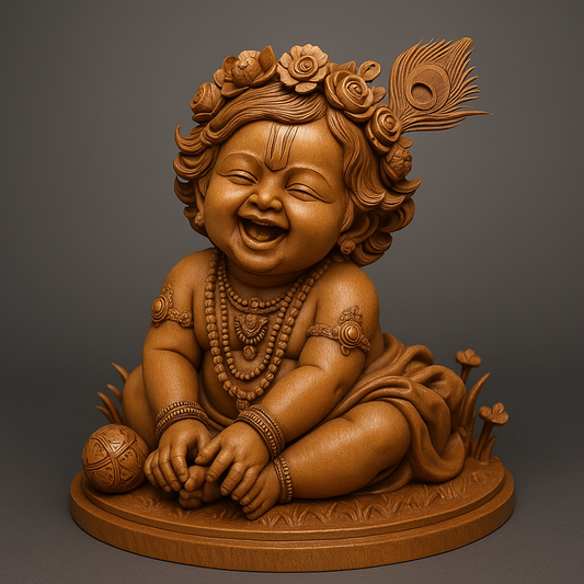 Wood Carving of Laughing Baby Krishna